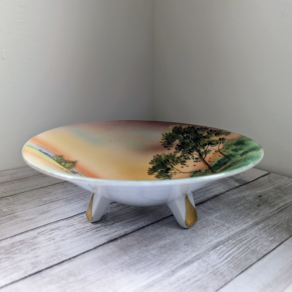 Noritake Footed Dish Scenic Hand Painted Landscape
